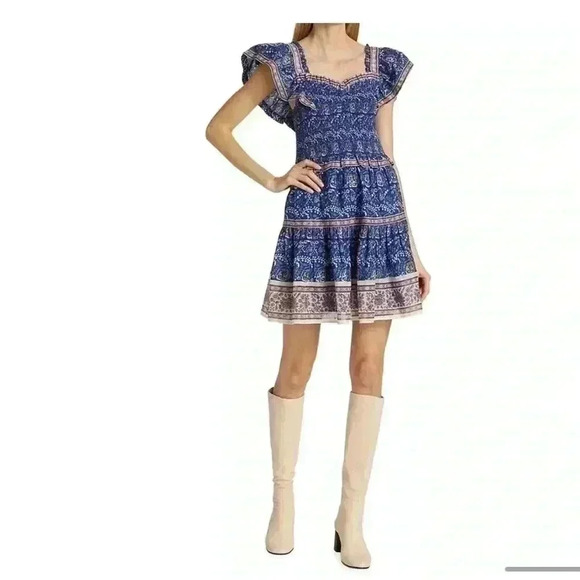 Sea New York Rosita Border Smocked Blue Paisley Minidress size Small - Picture 1 of 12